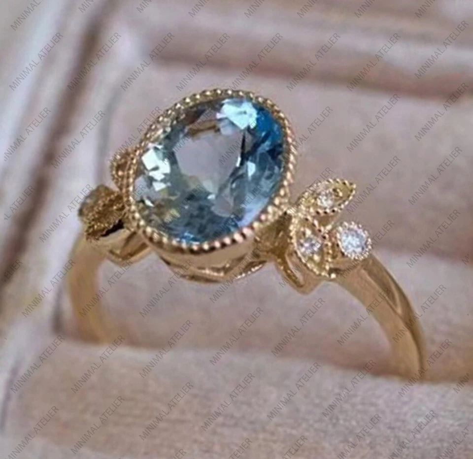 Anillo vintage de piedras preciosas de aguamarina y circonita cúbica, oro de plata de ley 925 para su boda Foto 2 de 4