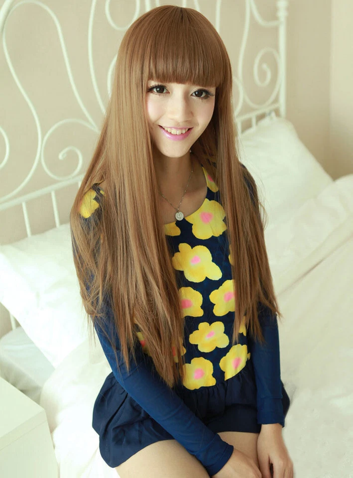 Moda Peluca Larga Marrón Claro Recta Ordenada Bang Mujeres Dama Pelo Pelucas + Gorra Peluca Foto 2 de 4