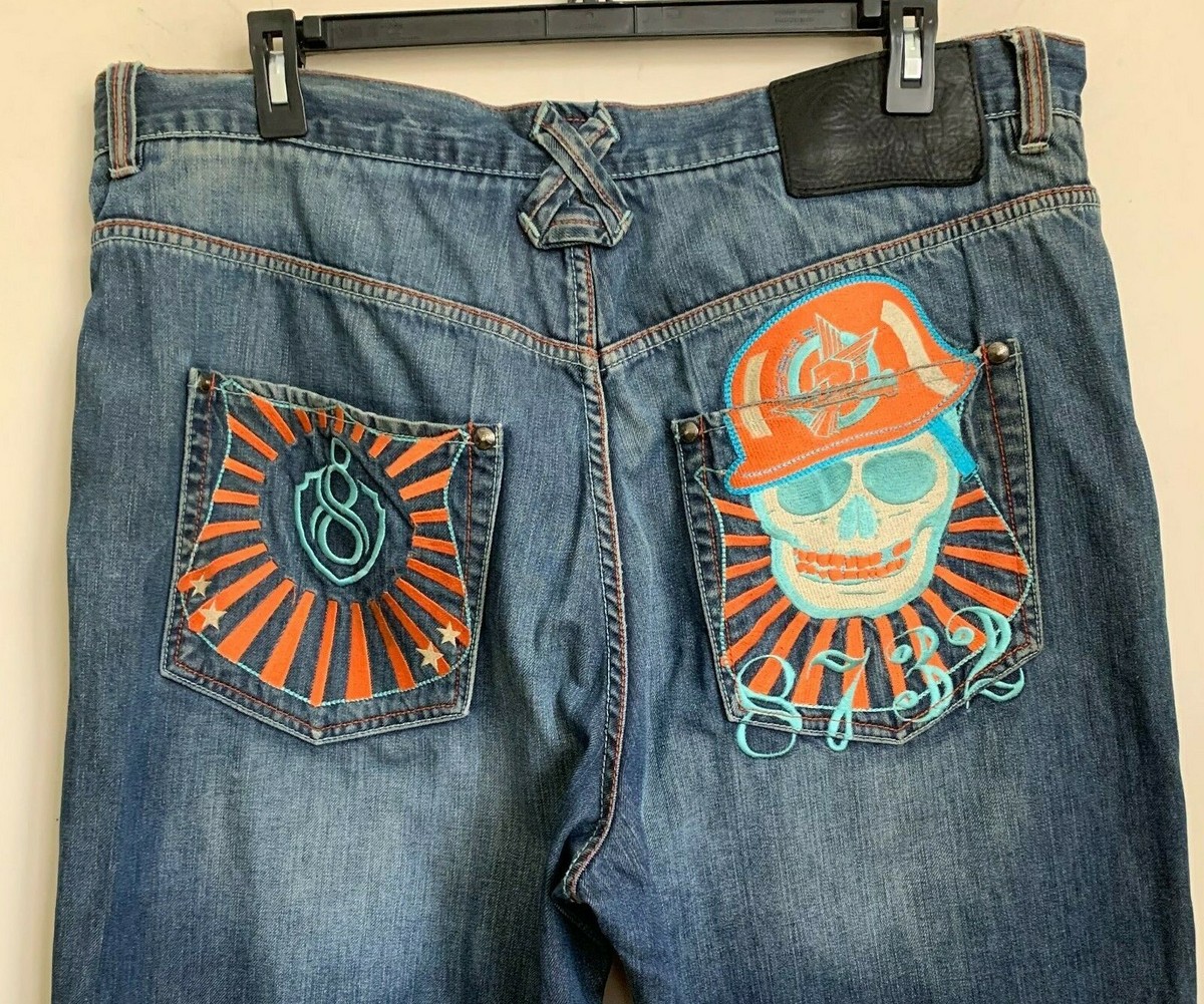 Eight 732 Jeans Blue Baggy Embroidered Pockets Trojan Helmet Eight 732 Jeans Blue Baggy Embroidered Pockets Trojan Helmet