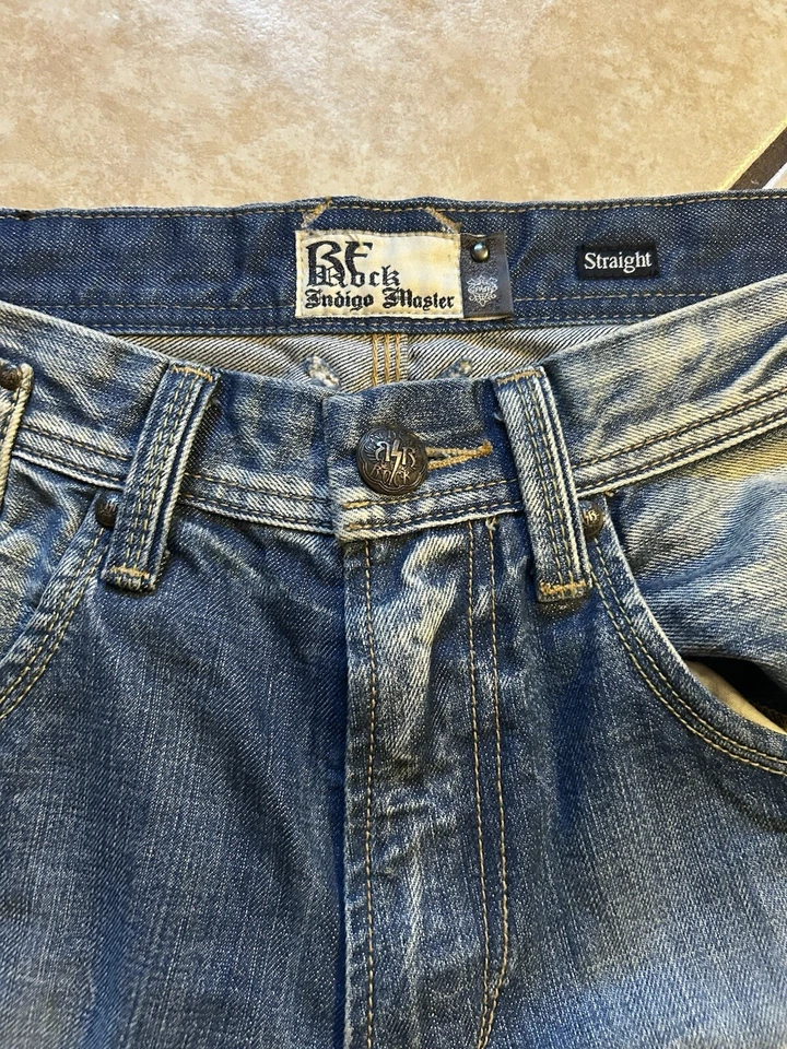 Pantalones de mezclilla para hombre Y2k calce recto talla 32 azul lavado desgastado vintage Foto 2 de 4