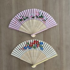 Pair Japanese Style Bamboo Folding Fans. Colorful Designs. See pics for Details