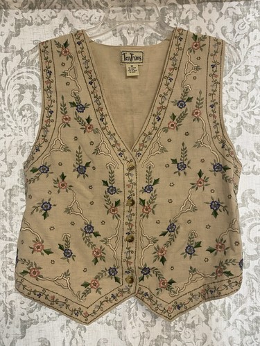 Tantrums Vintage Flax Cotton Embroidered Floral 90’s Y2K Cottagecore Vest M