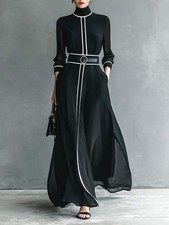 French Elegant Chiffon Maxi Dress, High Neck Long Sleeve with White Piping Trim,