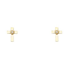 14k Yellow Gold Simple Flat Cross Stud Promise Heart Love Faith Earrings