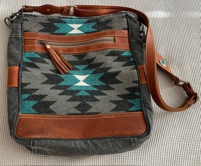 Myra Bag Starfire Azteca Crossbody Western Boho Rug Leather Gray Turquoise