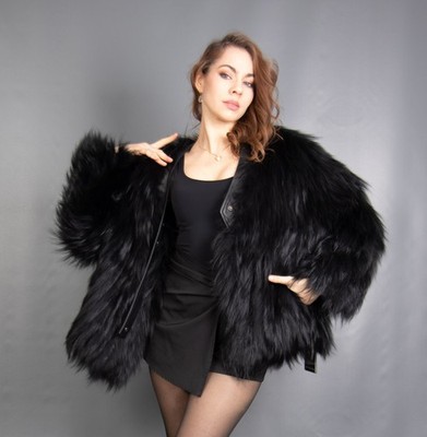 17832 NEW GORGEOUS BLACK REAL FOX COAT LUXURY FUR JACKET PELZ BEAUTIFUL SIZE 2XL