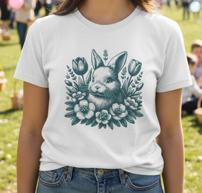 Bunny Bouquet Floral Rabbit Illustration T-Shirt, Easter Tee, Cute Bunny, Retro