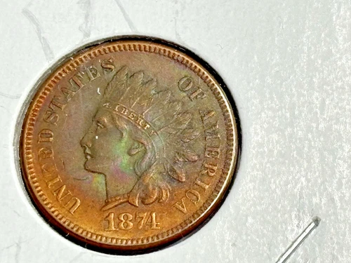 1874 Indian Head Cent High Grade Almost Uncirculated - Early Tough Date