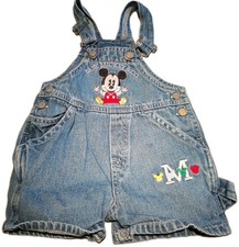 Vintage Y2K Disney Baby Mickey 12 Mos Bib Overalls Shorts Denim Embroidered 90s