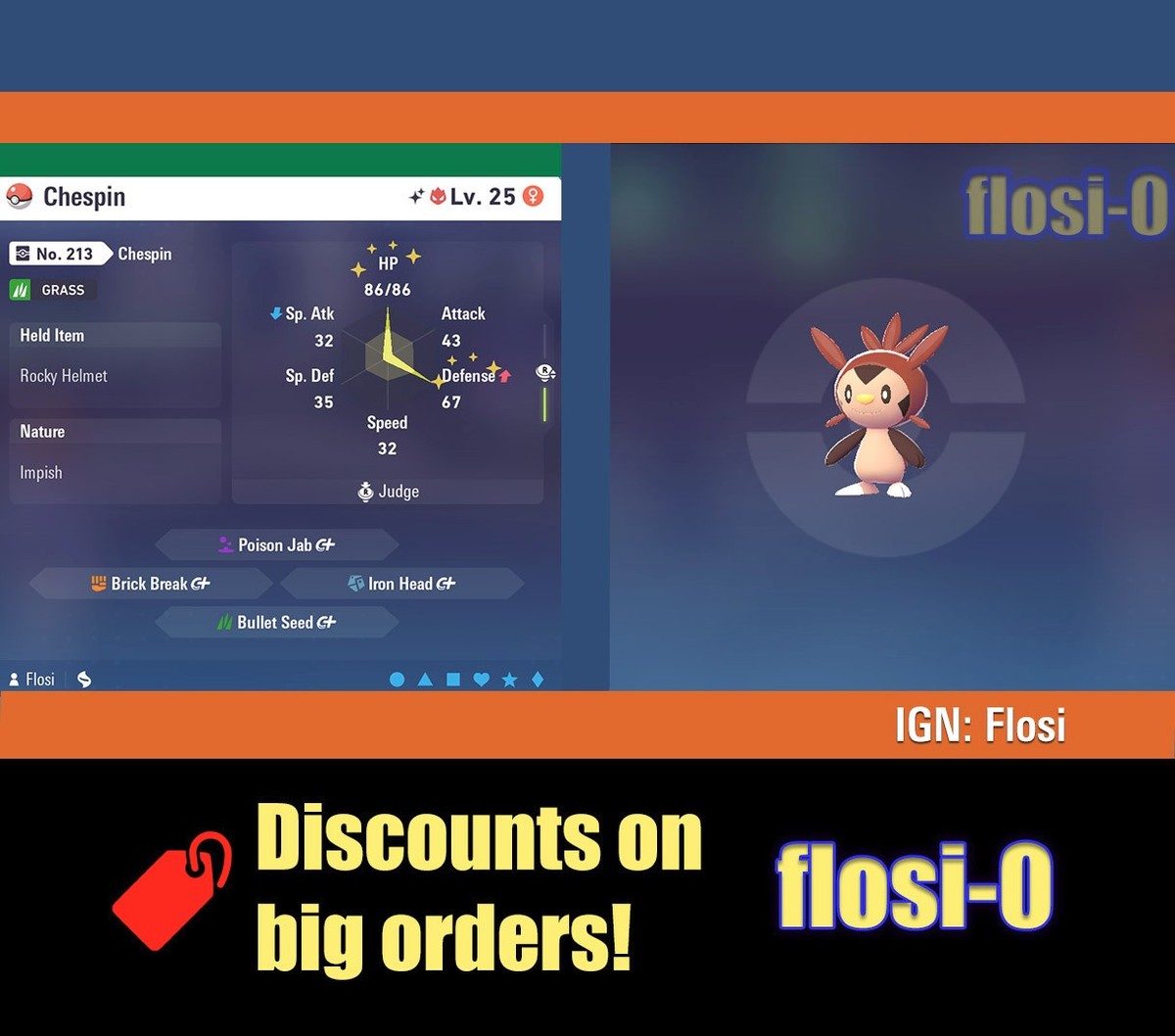 6IV Shiny Chespin Pokemon Legends ZA (Legends Z-A)