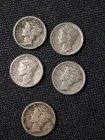 5 Beautiful 1924 Silver Vintage Mercury Dime Coin Collection