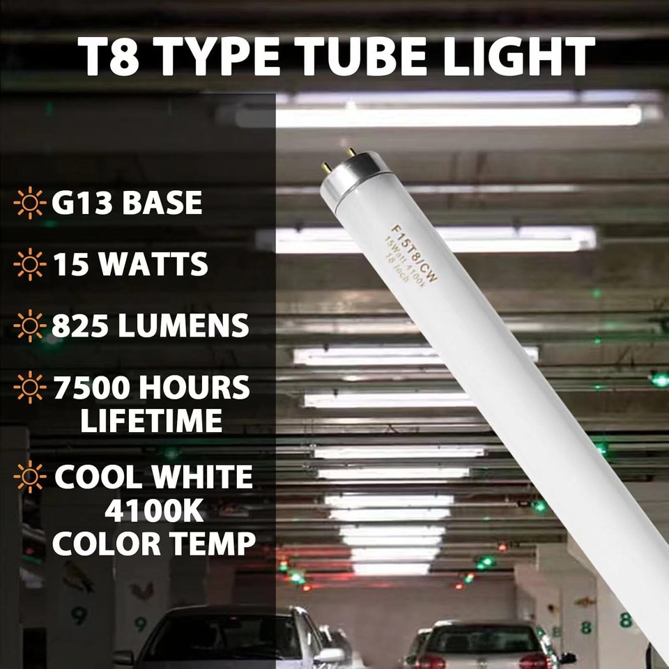 18 Inch F15T8/CW T8 15W Fluorescent Light Fluorescent-18inch-6 Pack ...