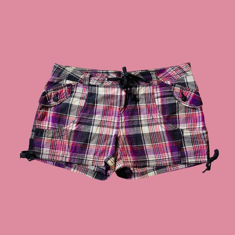 Vintage Y2K Purple and Pink Plaid Micro Mini Cargo Shorts, Size 13
