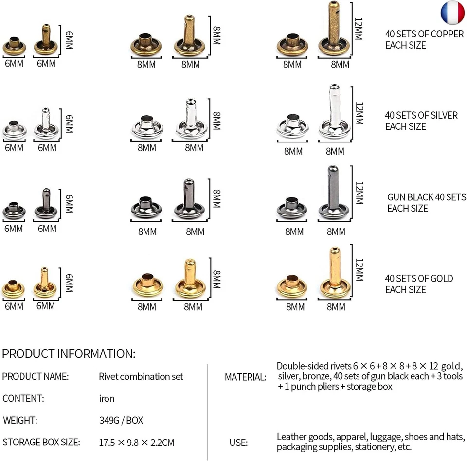 Rivets en Cuir 480 Ensemble 3 Tailles Double Rivet Goujons Tubulaires en Métal - Photo 2/4