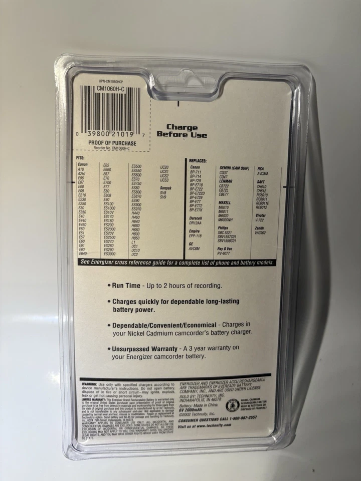 Batería recargable para videocámara Energizer CM1060H-C fabricada sellada ajuste Canon Foto 3 de 4