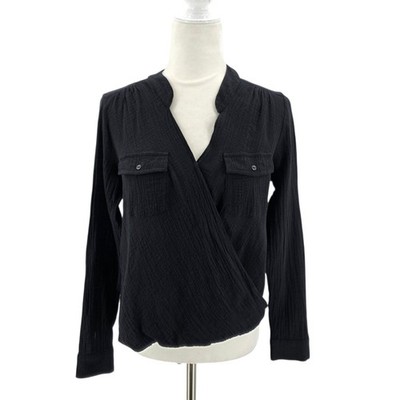 Generation Love New York Womens Small Top Gauze Fabric V-neck Pockets Black Long