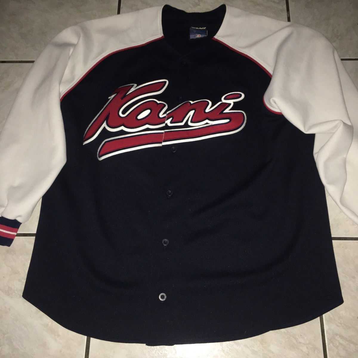 Karl Kani Mens Vintage Baseball Jersey Long Sleeves Sz Large Blue