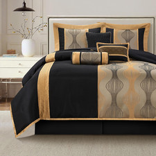 California King Comforter Set, Black Gold, 7 Pieces in a Bag, Soft Jacquard with