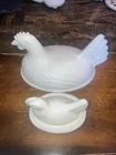 Vintage White Milk Glass Mini Hen on Basket + Lid Only For Full Sized Indiana