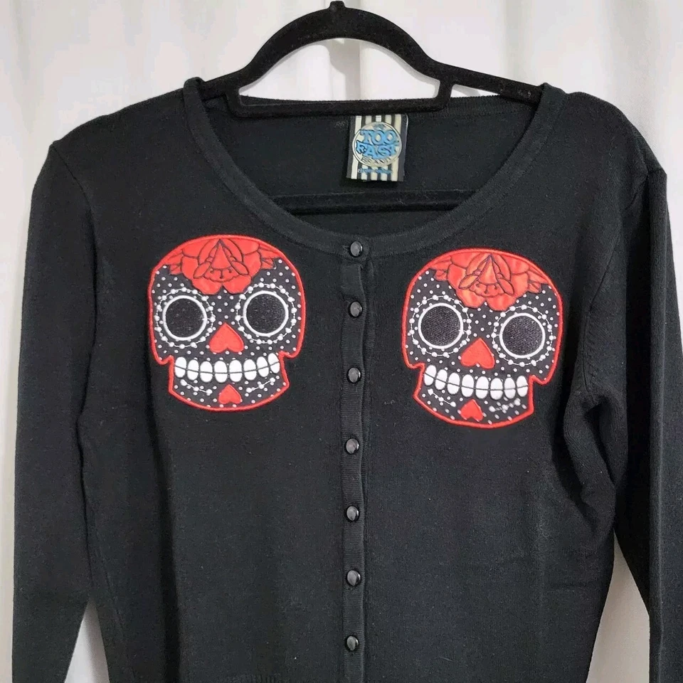 Sugar Skull Cardigan Day Of The Dead Size Lg Black Applique Retro Too Fast Brand - Image 3 of 4