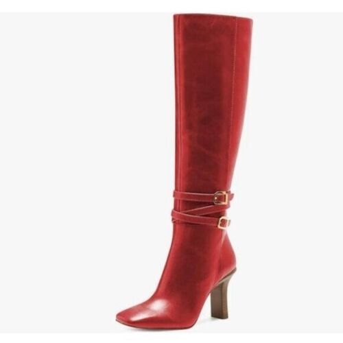 FSJ Darkred Knee High Long Boot Closed Toe Chunky Heel Side Zipper Fall Shoes