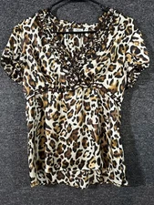 Agora Womens Short Sleeve Cheetah Top Blouse Size M