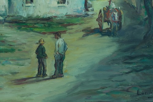 Tableau ancien école Portugaise Lisbonne scène animée village Lucília DE BRITO - Photo 6/11