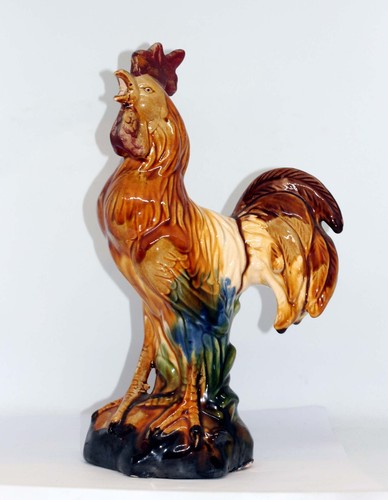 HANDSOME 20TH CENTURY MAJOLICA BARBOTINE STYLE 12" ROOSTER FIGURINE ff - Picture 19 of 19