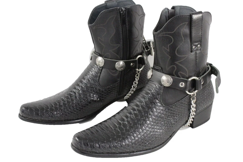 Botas Western Pulseras Cadena Negro Imitación Cuero 2 Correas Plata Nativo Americano Foto 3 de 4