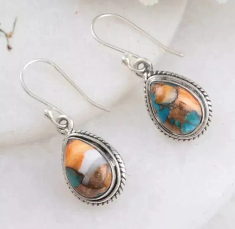 Красивые серьги-устрицы из стерлингового серебра 925 пробы с бирюзой подарок ручной работы S06 - Изображение 2 из 3