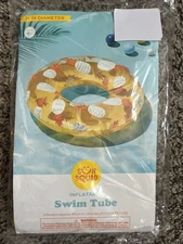 SUN SQUAD INFLATABLE Swim Tube Pineapple Novelty Float Yellow 31” Diameter Water