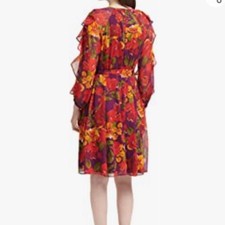 Calvin KleinSize 24 V-Neck Long Ruffle Sleeve Floral Faux Chiffon Wrap Dress