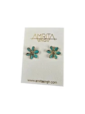 Amrita Singh Women's Gold Plated Turquoise Enamel Small Flower Stud Earrings NWT