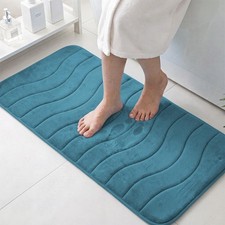Water-Resistant 47x17 Bath Mat - Thick Memory Foam with Elegant Dark Teal Waves