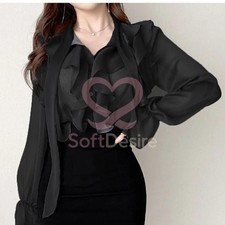 Womens Stand Collar Necktie Ruffles Long Sleeves Sheer Shirt Fashion Casual Tops