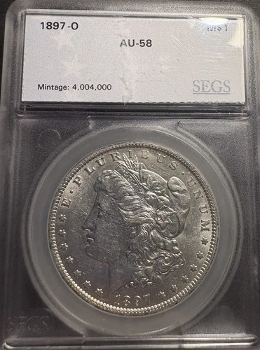 1897-O Morgan Dollar $1 , Almost Uncirculated Old SEGS Holder-58