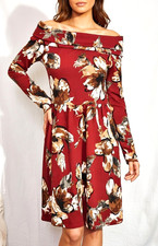 Women's Dress S Red Floral Long Sleeve Off Shoulder  Bold Print Midi Art USA