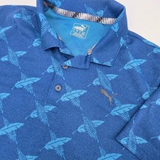 PUMA GOLF POLO PALMS SURF MENS LARGE BLUE ALTERKNIT PERFORMANCE TROPICAL BEACH
