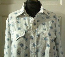 60's WESTERN FASHIONS Button Up Men's LS Blue Floral Shirt Top Blouse 35