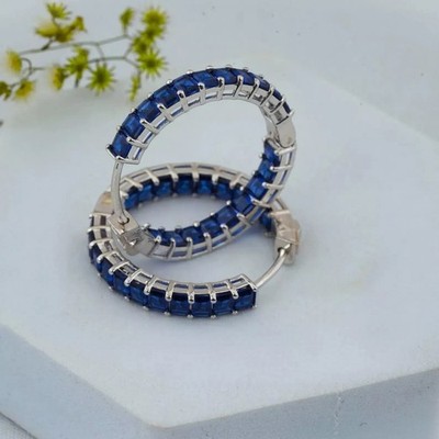 Inside Outside Earring In 14K White Gold Plated Princess Cut Simulated Sapphire