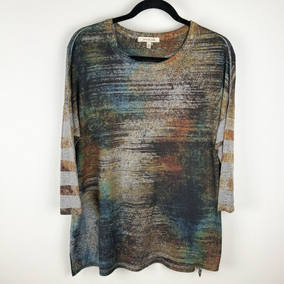 Jess & Jane Tunic Top M Multicolor Stone Look Abstract Art to Wear USA Stretch