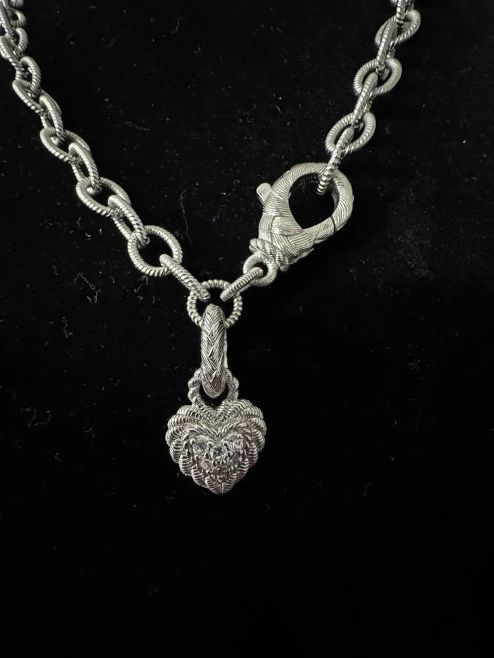 Signed Judith Ripka Sterling Silver 925 Chain Link Heart Charm Necklace 20” - Image 3 of 4