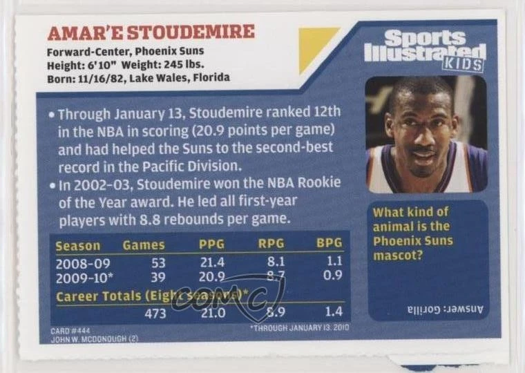 2010 Sports Illustrated for Kids Series 4 Amare Stoudemire Amar'e #444 - Image 2 of 2