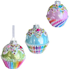 Set 3 Cupcake Glass Ornament Kurt Adler Sweet Shop Christmas Food 3" Sprinkles