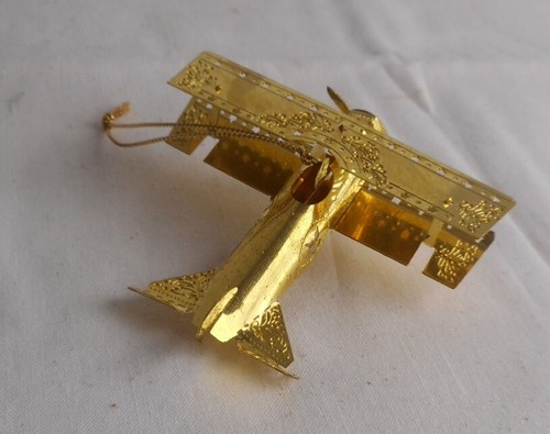 Vintage Gold Colored Brass Metal Bi-Plane Airplane Christmas Holiday Ornament - Picture 2 of 4