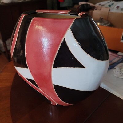 Vintage red brick/black/white abstract vase