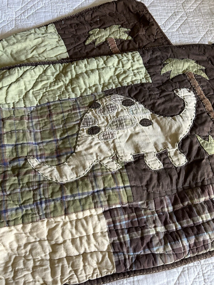 Pottery Barn Kids Madras 格子被子 恐龙 Shams 绿色 棕色 拼布 F/Q — 第 3/4 张图片