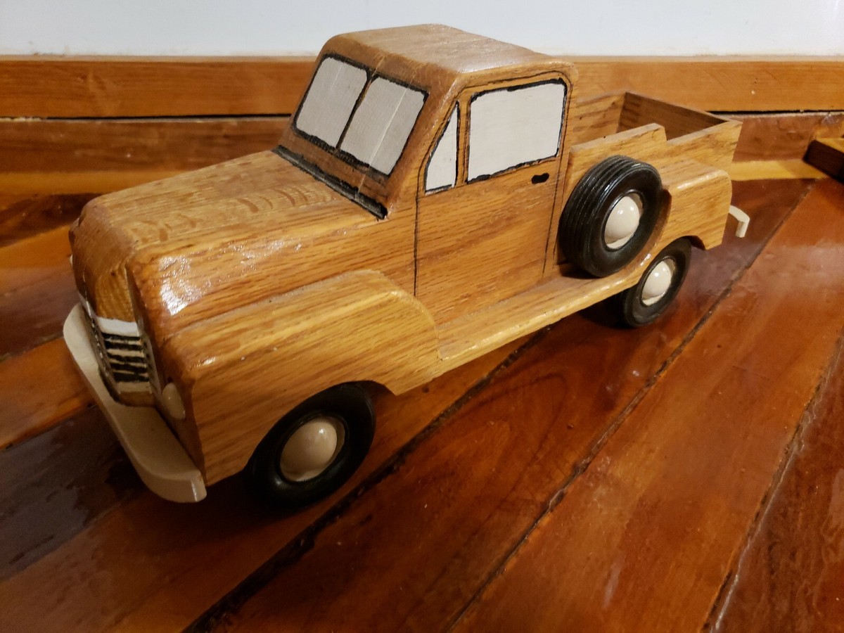 Old Wooden Toy detailed pickup Truck red oak Hand Made by artist