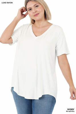 Zenana Women's Plus Luxe Rayon S Sleeve V Neck Hi-Low Hem Top