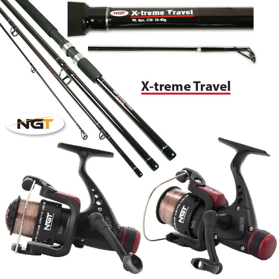 x NGT 9FT PIECE TRAVEL FISHING RODS CKR30 REELS COMBO WITH